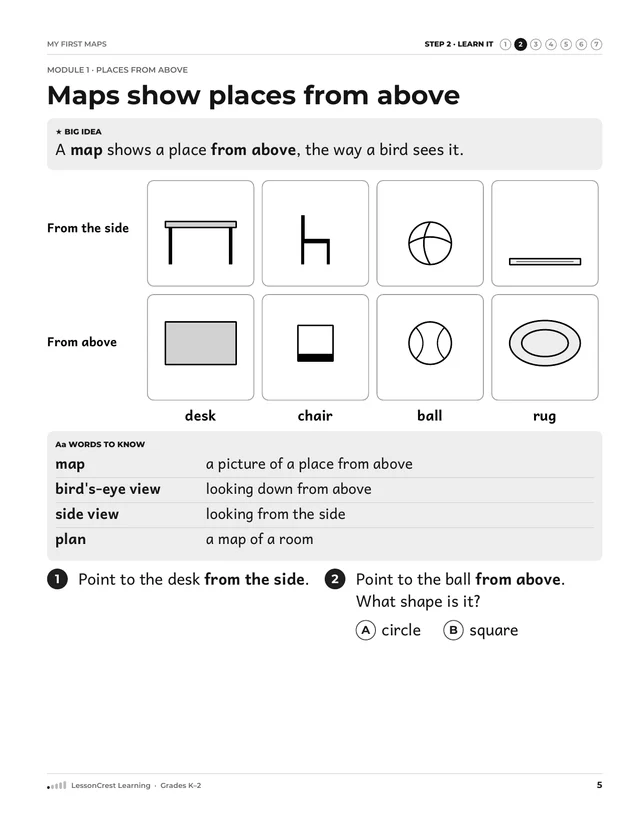 Page 5 of My First Maps. Step 2, Learn It: Maps show places from above