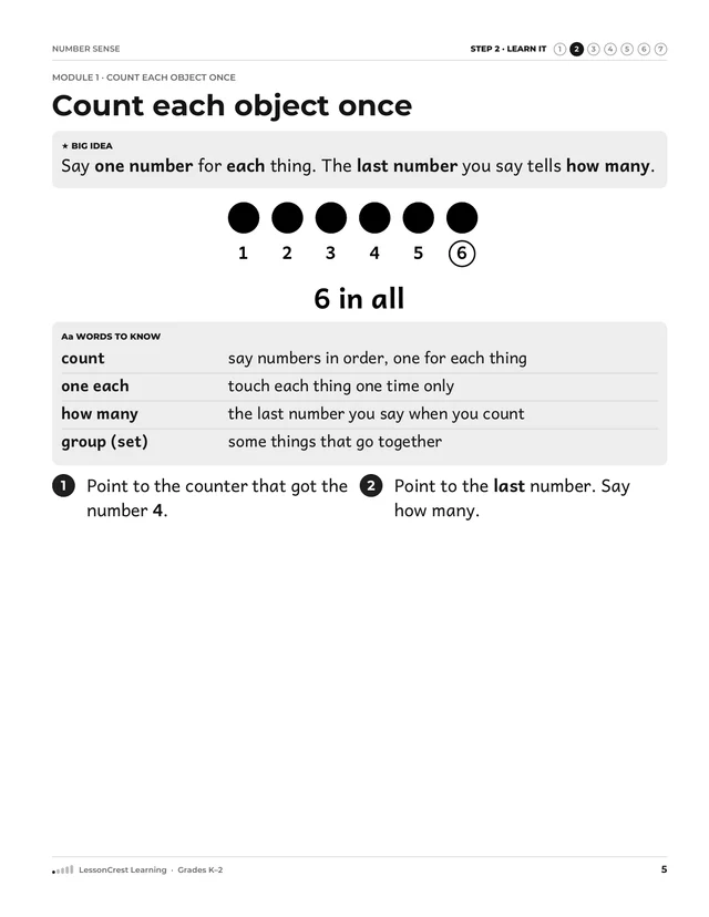 Page 5 of Number Sense. Step 2, Learn It: Count each object once