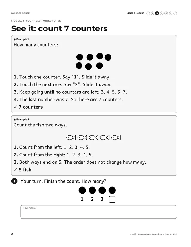 Page 6 of Number Sense. Step 3, See It: See it: count 7 counters