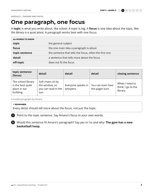 Page 5 of Paragraph Writing. Step 2, Learn It: One paragraph, one focus