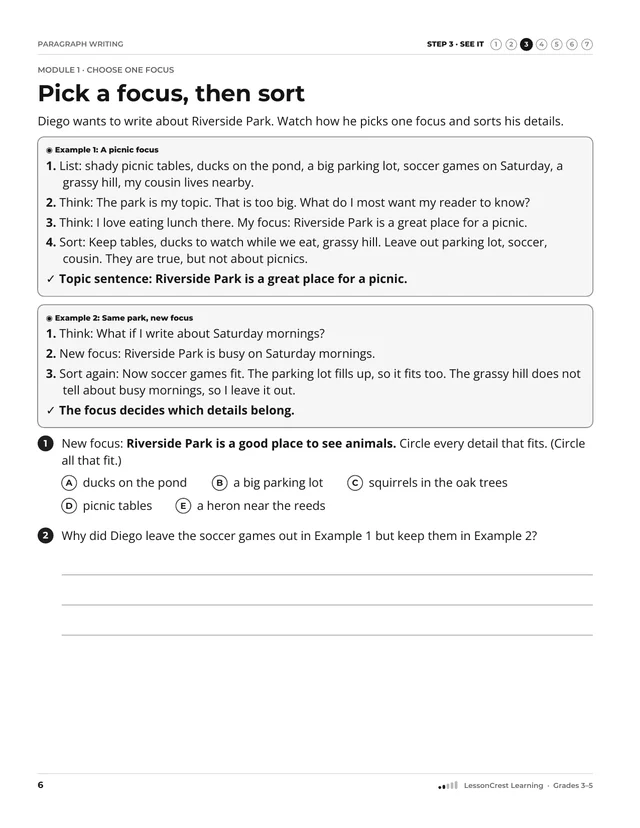 Page 6 of Paragraph Writing. Step 3, See It: Pick a focus, then sort