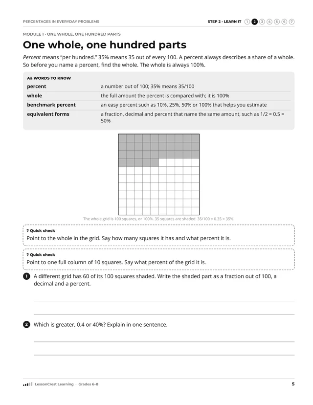 Page 5 of Percentages in Everyday Problems. Step 2, Learn It: One whole, one hundred parts
