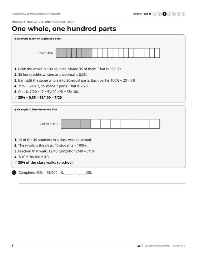 Page 6 of Percentages in Everyday Problems. Step 3, See It: One whole, one hundred parts