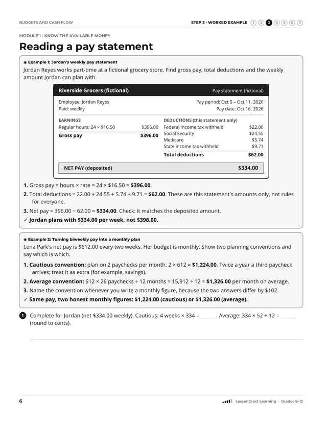 Page 6 of Personal Finance: Budgets and Cash Flow. Step 3, Worked Example: Reading a pay statement
