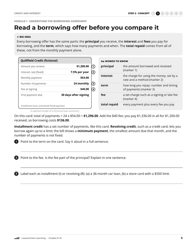 Page 5 of Personal Finance: Credit, Interest, and Borrowing Costs. Step 2, Concept: Read a borrowing offer before you compare it