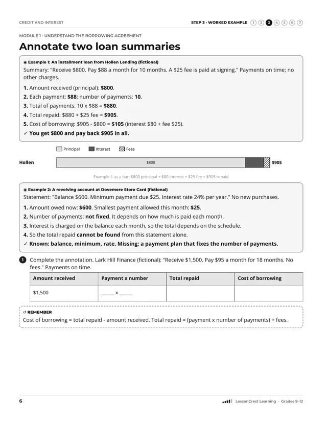Page 6 of Personal Finance: Credit, Interest, and Borrowing Costs. Step 3, Worked Example: Annotate two loan summaries