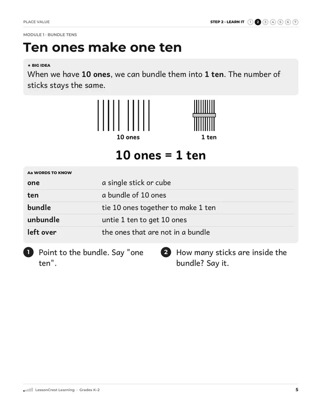Page 5 of Place Value. Step 2, Learn It: Ten ones make one ten