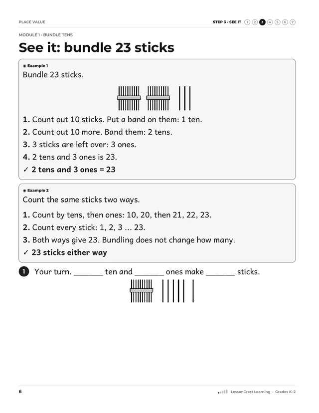 Page 6 of Place Value. Step 3, See It: See it: bundle 23 sticks