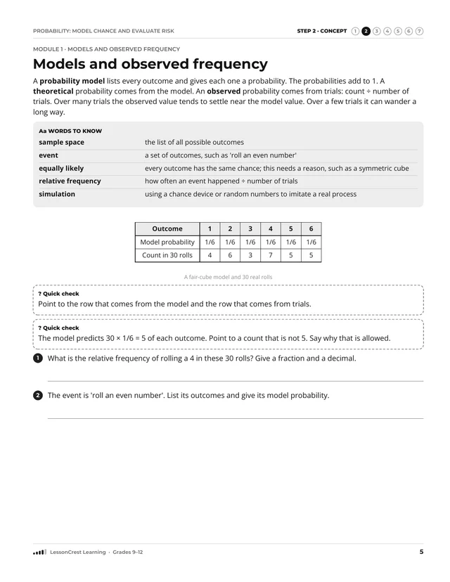 Page 5 of Probability: Model Chance and Evaluate Risk. Step 2, Concept: Models and observed frequency