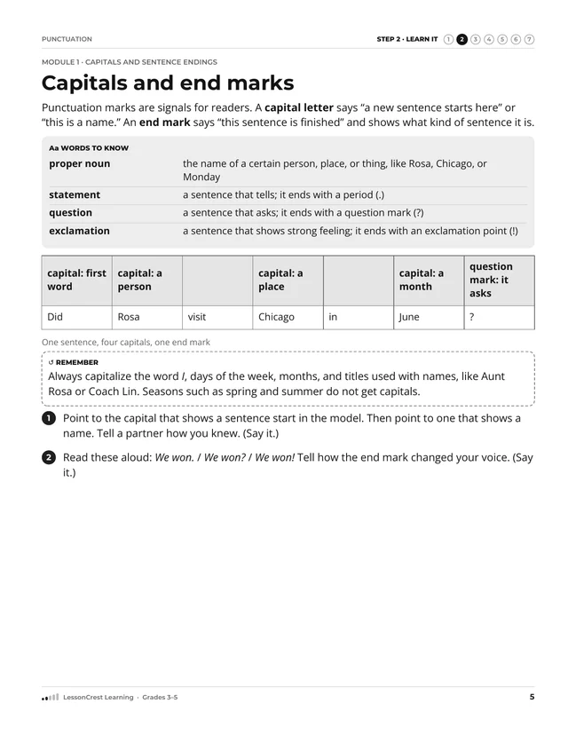 Page 5 of Punctuation. Step 2, Learn It: Capitals and end marks