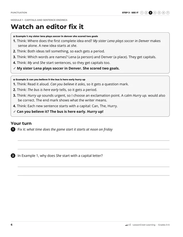 Page 6 of Punctuation. Step 3, See It: Watch an editor fix it