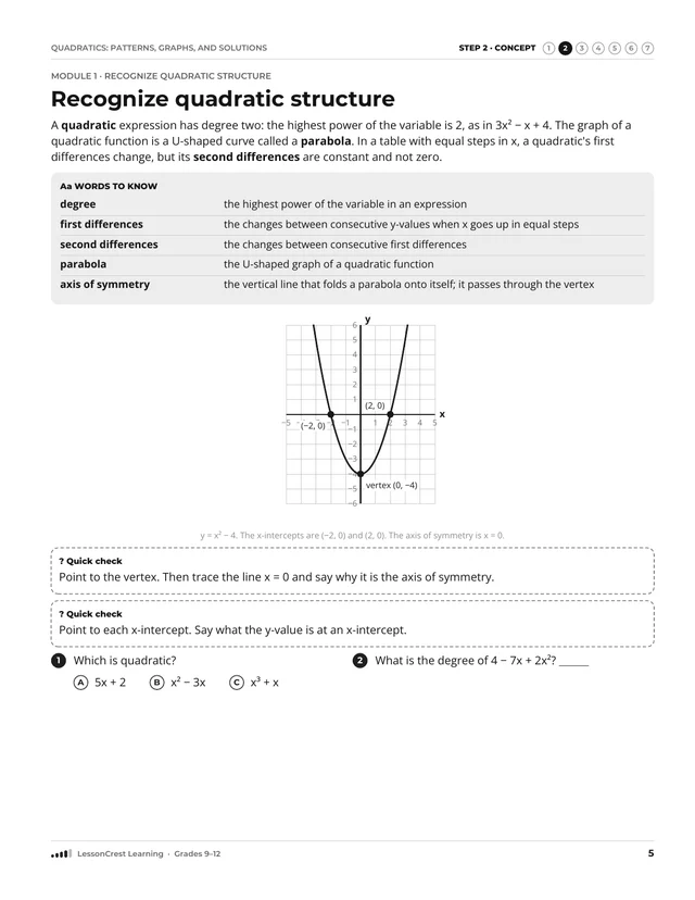 Page 5 of Quadratics: Patterns, Graphs, and Solutions. Step 2, Concept: Recognize quadratic structure
