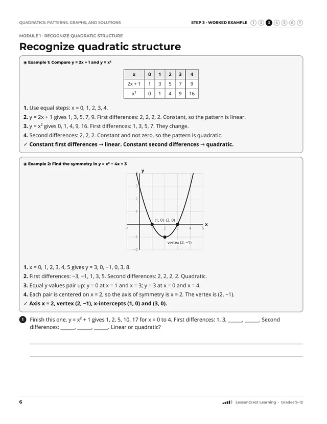 Page 6 of Quadratics: Patterns, Graphs, and Solutions. Step 3, Worked Example: Recognize quadratic structure