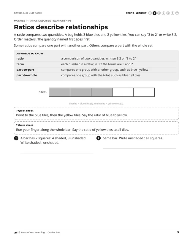 Page 5 of Ratios and Unit Rates. Step 2, Learn It: Ratios describe relationships