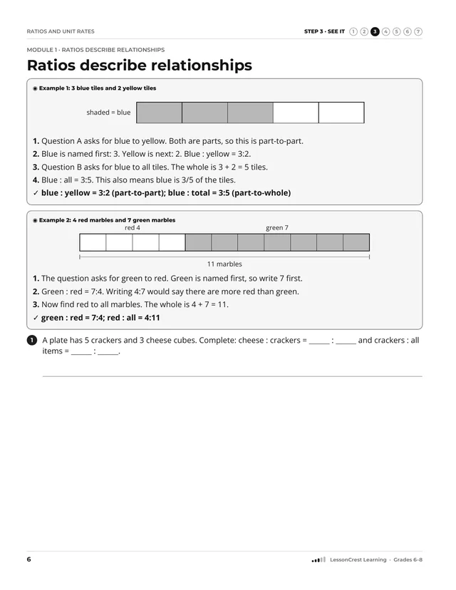 Page 6 of Ratios and Unit Rates. Step 3, See It: Ratios describe relationships