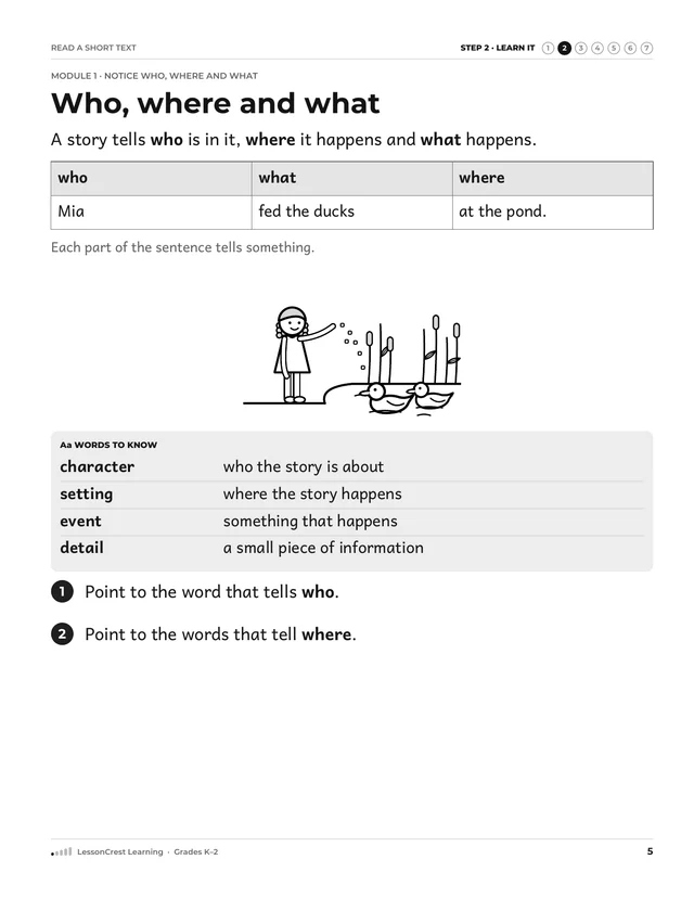 Page 5 of Read a Short Text. Step 2, Learn It: Who, where and what
