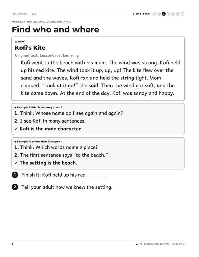 Page 6 of Read a Short Text. Step 3, See It: Find who and where