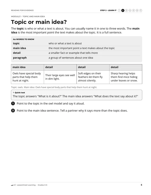 Page 5 of Reading for Evidence. Step 2, Learn It: Topic or main idea?