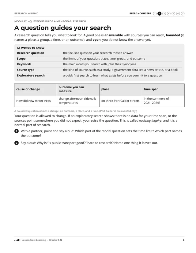 Page 5 of Research Writing. Step 2, Concept: A question guides your search