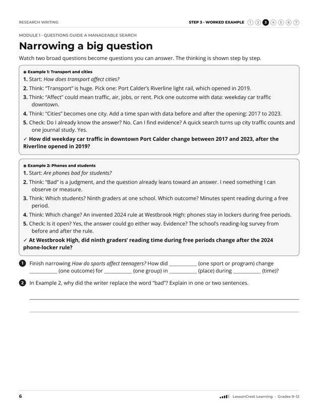 Page 6 of Research Writing. Step 3, Worked Example: Narrowing a big question