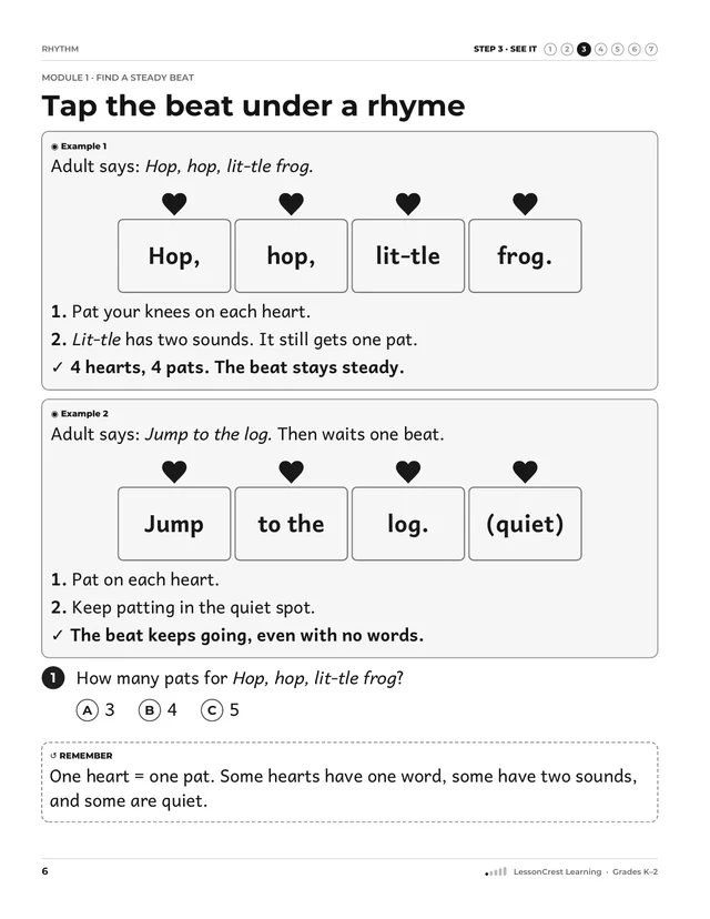Page 6 of Rhythm. Step 3, See It: Tap the beat under a rhyme