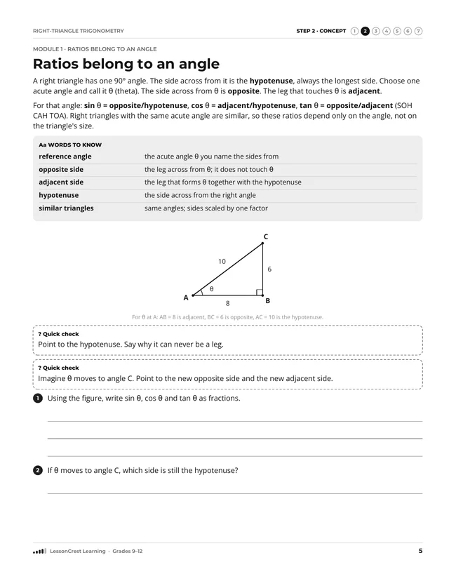 Page 5 of Right-Triangle Trigonometry. Step 2, Concept: Ratios belong to an angle