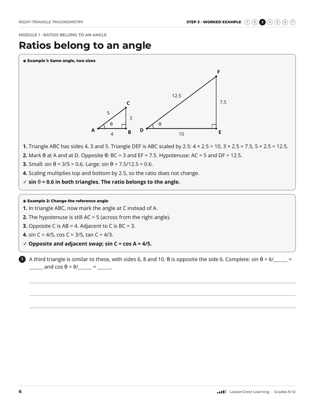 Page 6 of Right-Triangle Trigonometry. Step 3, Worked Example: Ratios belong to an angle