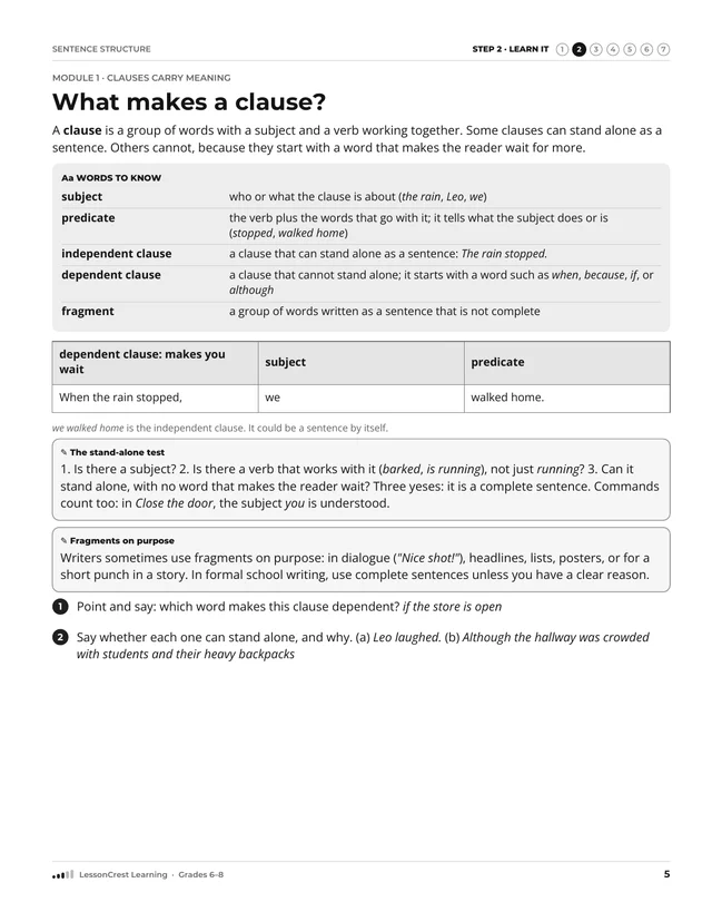 Page 5 of Sentence Structure. Step 2, Learn It: What makes a clause?