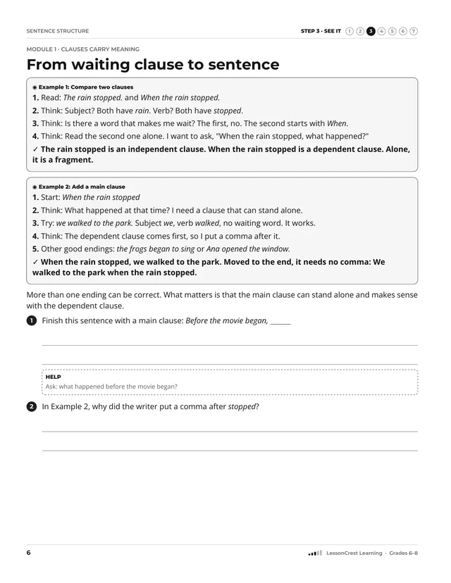 Page 6 of Sentence Structure. Step 3, See It: From waiting clause to sentence