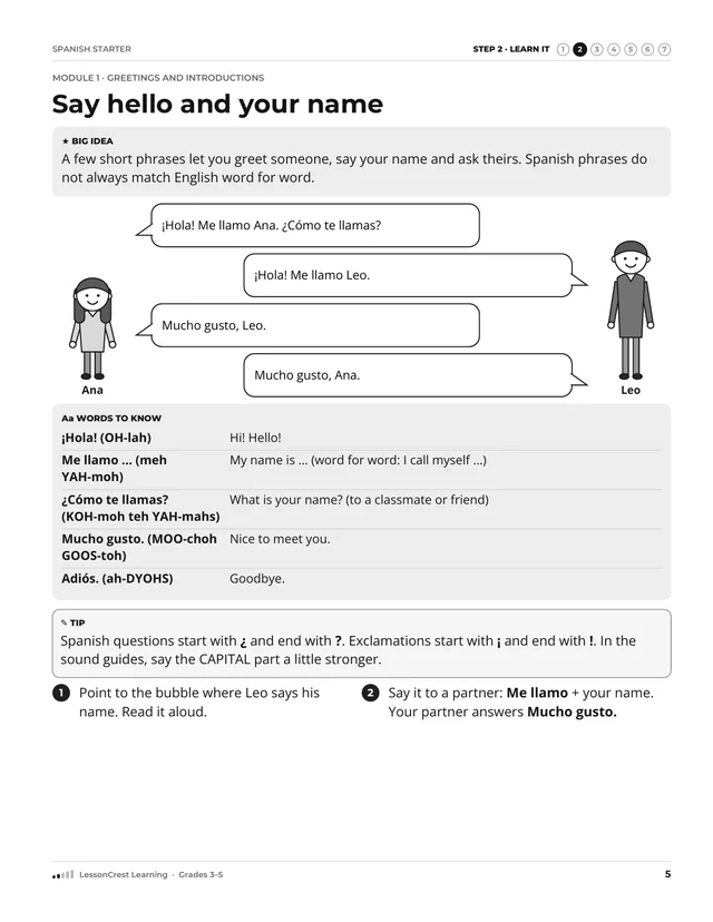 Page 5 of Spanish Starter. Step 2, Learn It: Say hello and your name