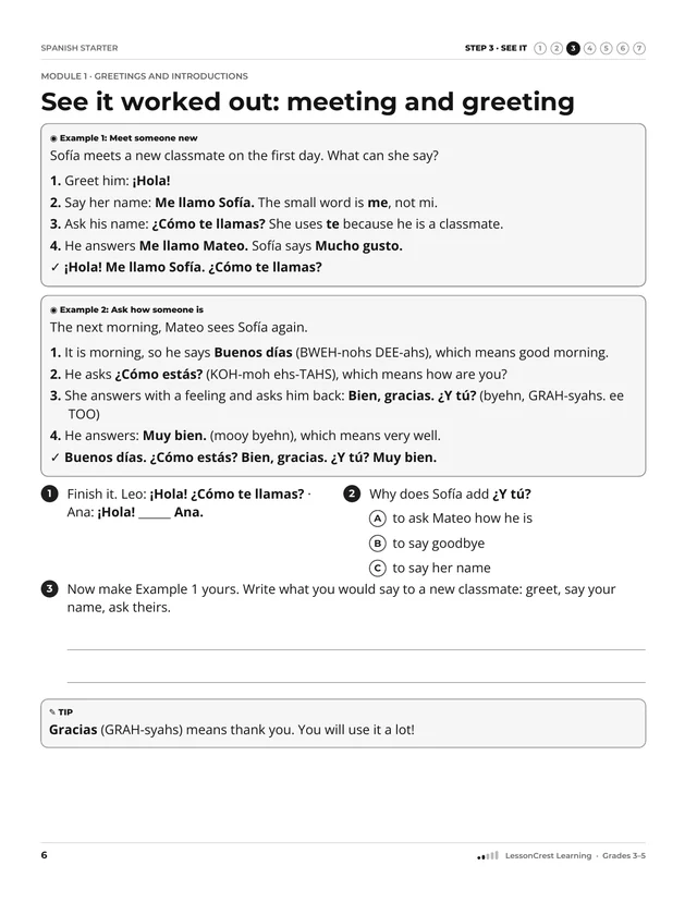 Page 6 of Spanish Starter. Step 3, See It: See it worked out: meeting and greeting