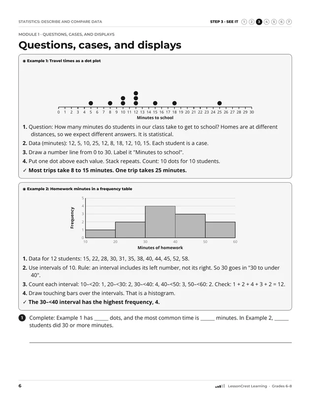 Page 6 of Statistics: Describe and Compare Data. Step 3, See It: Questions, cases, and displays