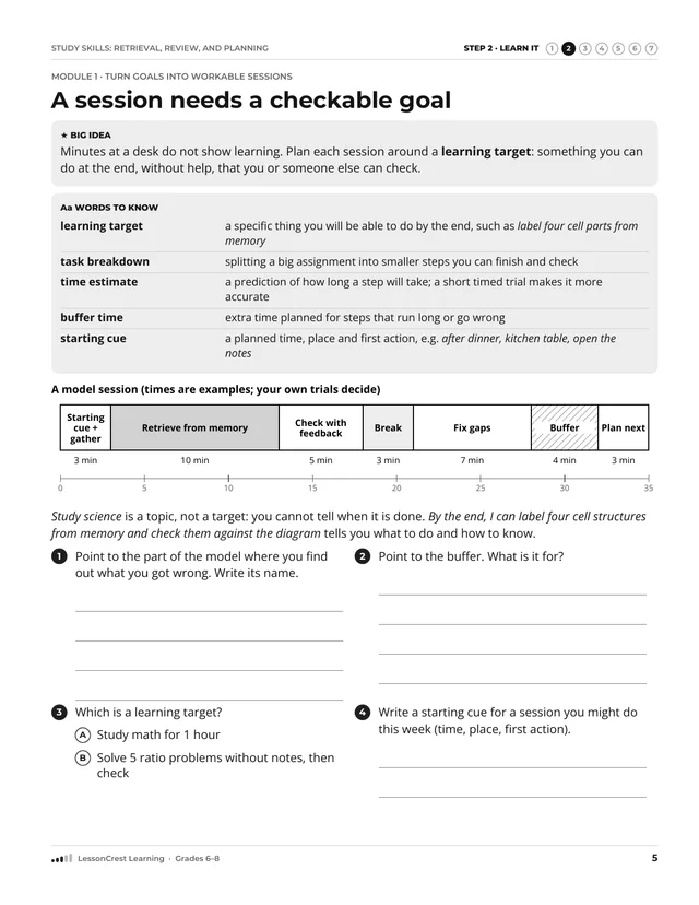 Page 5 of Study Skills. Step 2, Learn It: A session needs a checkable goal