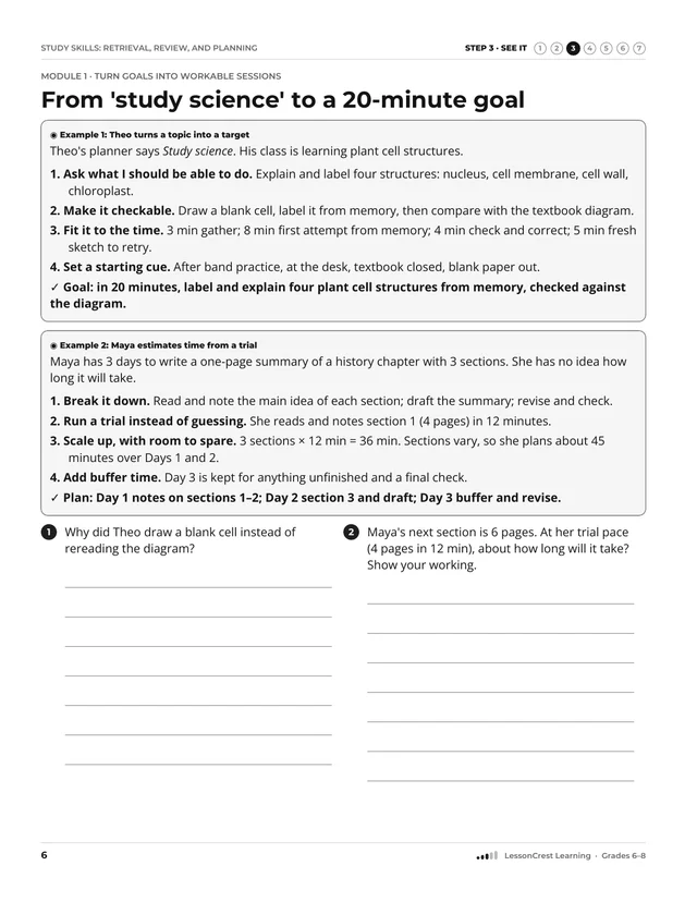 Page 6 of Study Skills. Step 3, See It: From 'study science' to a 20-minute goal
