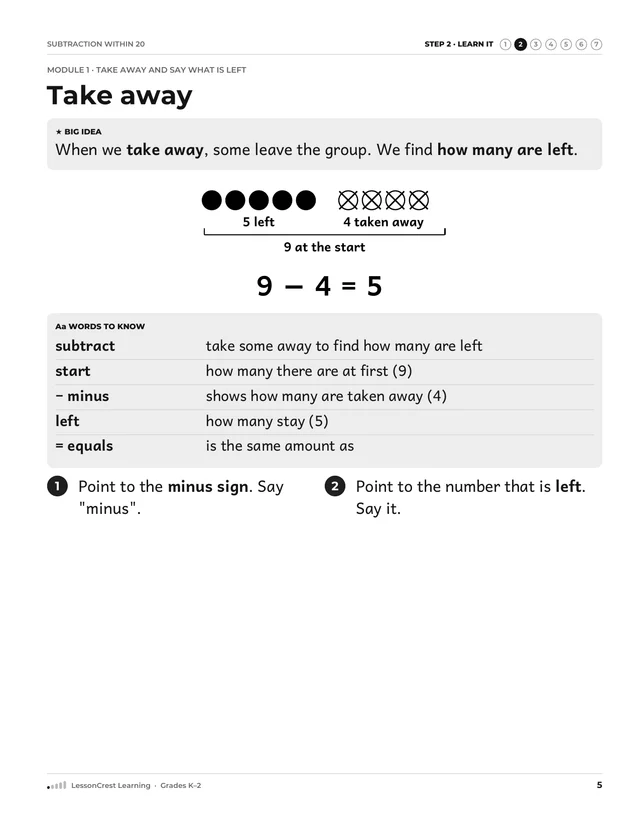 Page 5 of Subtraction within 20. Step 2, Learn It: Take away