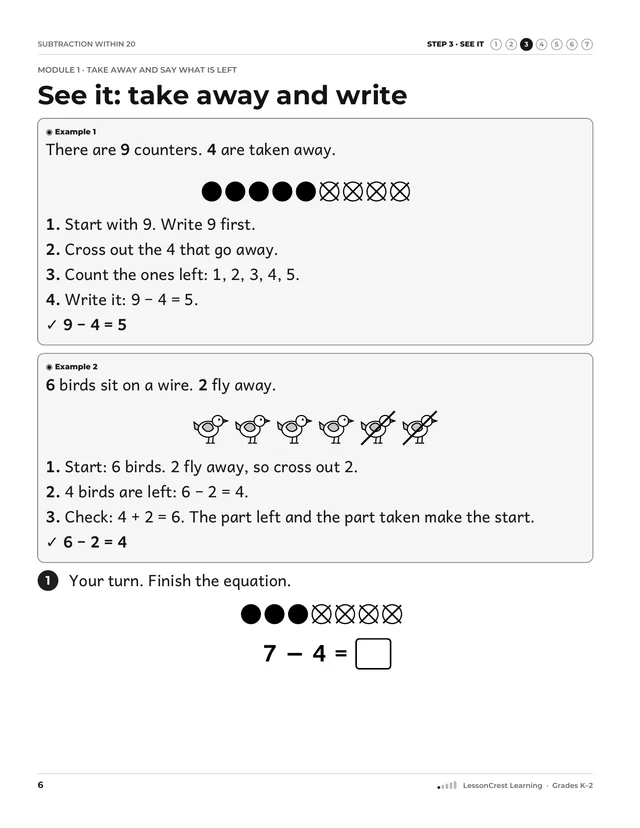Page 6 of Subtraction within 20. Step 3, See It: See it: take away and write