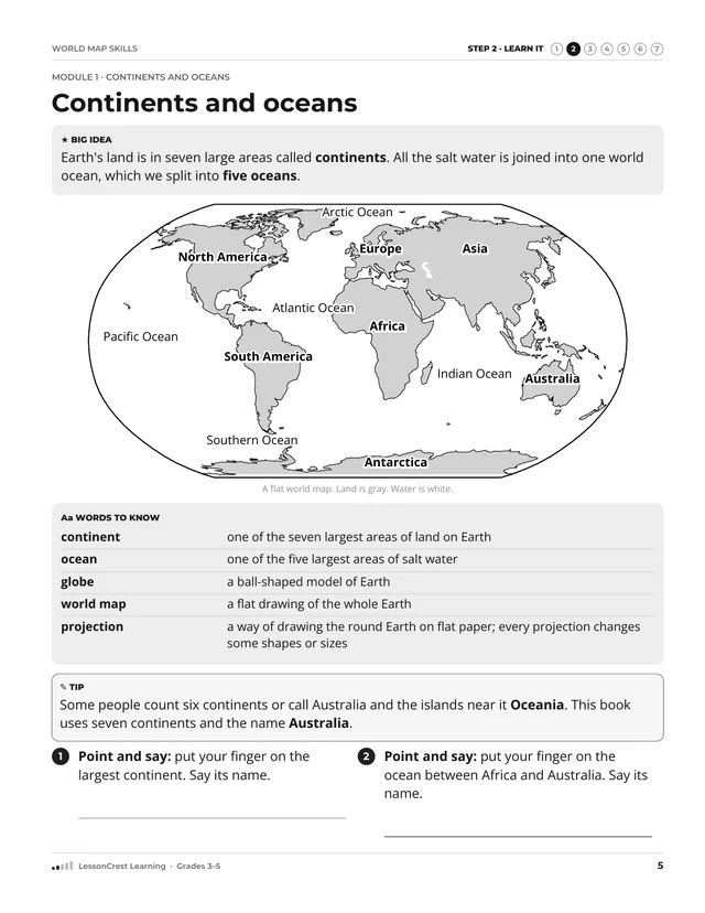 Page 5 of World Map Skills. Step 2, Learn It: Continents and oceans