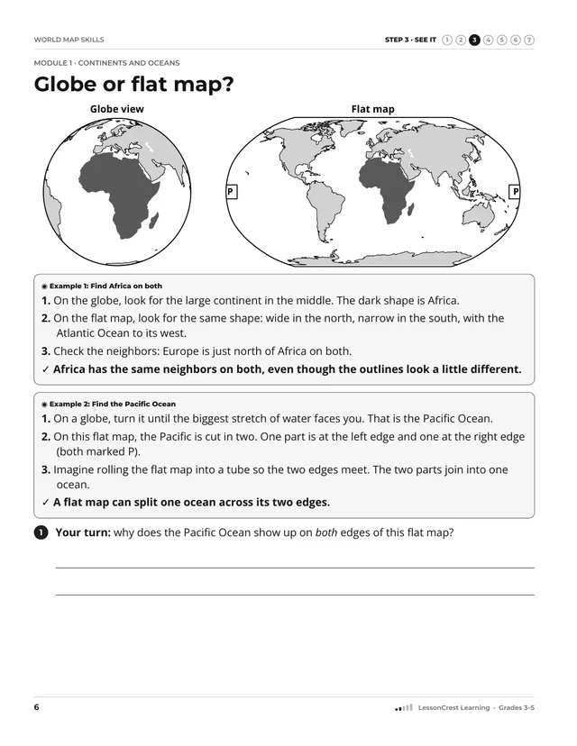 Page 6 of World Map Skills. Step 3, See It: Globe or flat map?